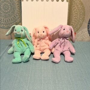 Set of Three Plush Bunny Toys in Pastel Colors